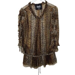 Dolce & Gabbana Silk Leopard Drop Waist Dress Ruffle 3/4 Sleeve Sheer 46 / US 10